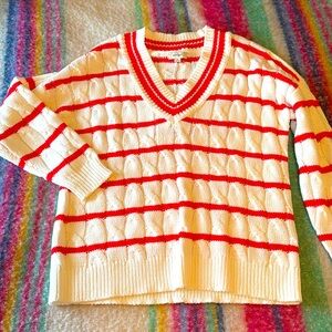 Red and Cream V-Neck Sweater